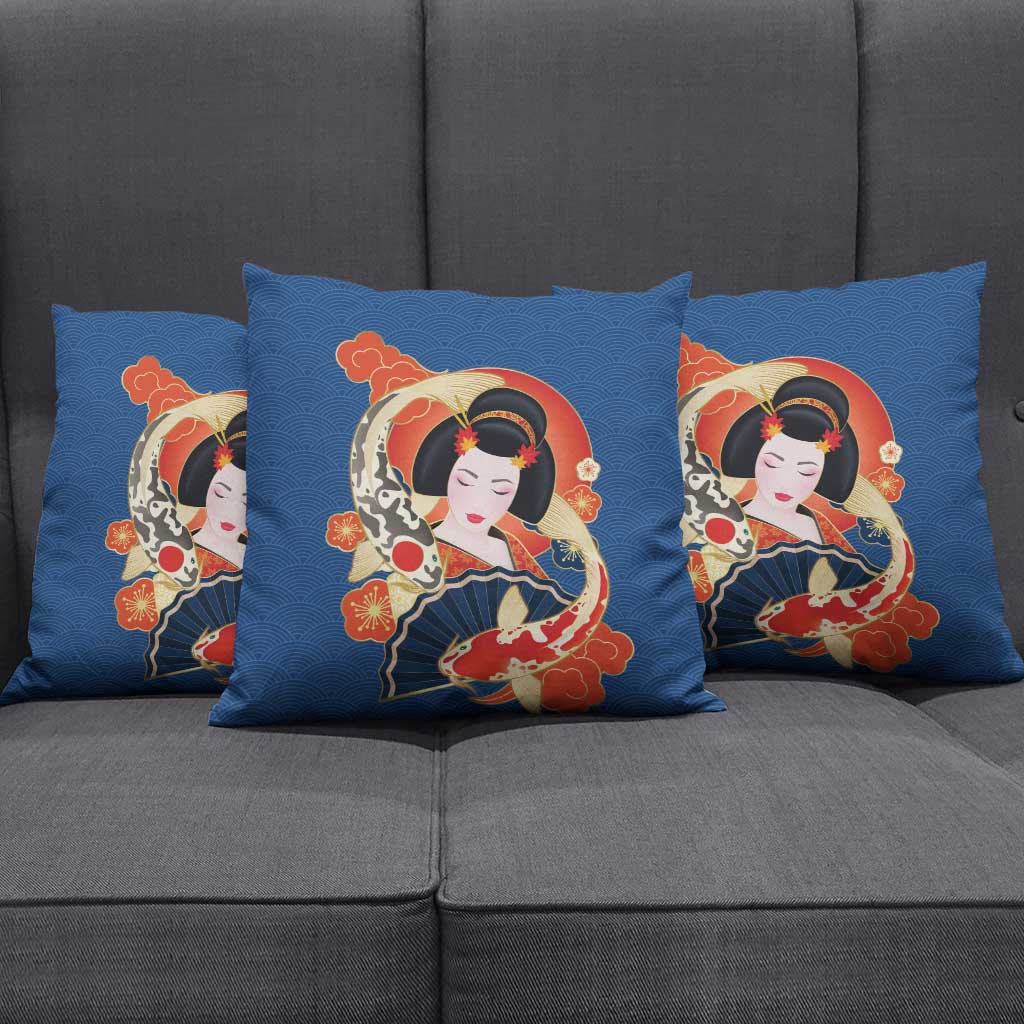 Japanese Geisha Koi Fish Pillow Cover Cherry Blossoms Blue Seigaiha Pattern LT14 - Polynesian Pride