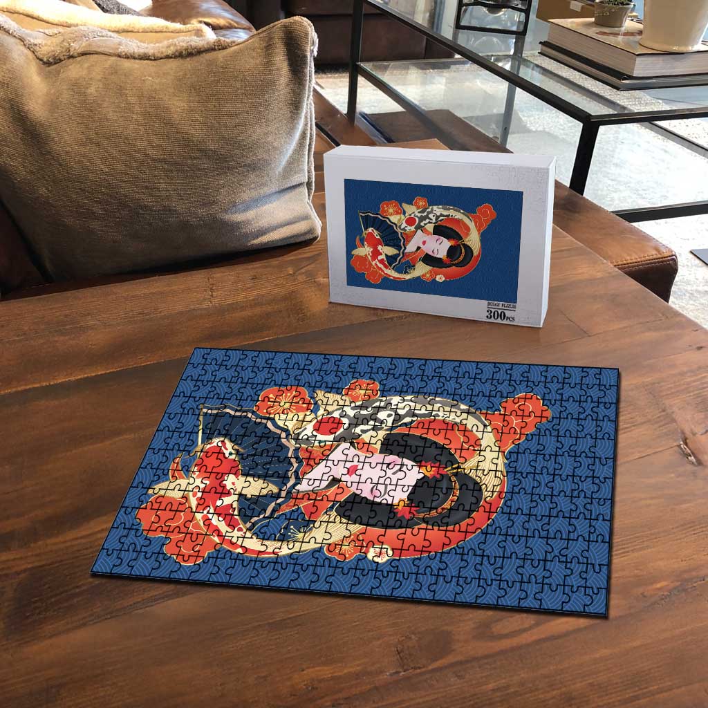 Japanese Geisha Koi Fish Puzzle Cherry Blossoms Blue Seigaiha Pattern - Polynesian Pride