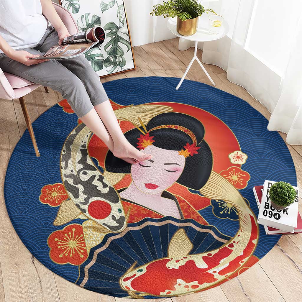 Japanese Geisha Koi Fish Round Carpet Cherry Blossoms Blue Seigaiha Pattern - Polynesian Pride