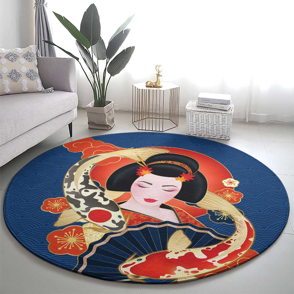 Japanese Geisha Koi Fish Round Carpet Cherry Blossoms Blue Seigaiha Pattern - Polynesian Pride