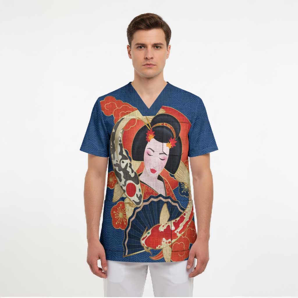 Japanese Geisha Koi Fish Scrub Top Cherry Blossoms Blue Seigaiha Pattern - Polynesian Pride