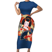 Japanese Geisha Koi Fish Short Sleeve Bodycon Dress Cherry Blossoms Blue Seigaiha Pattern - Polynesian Pride