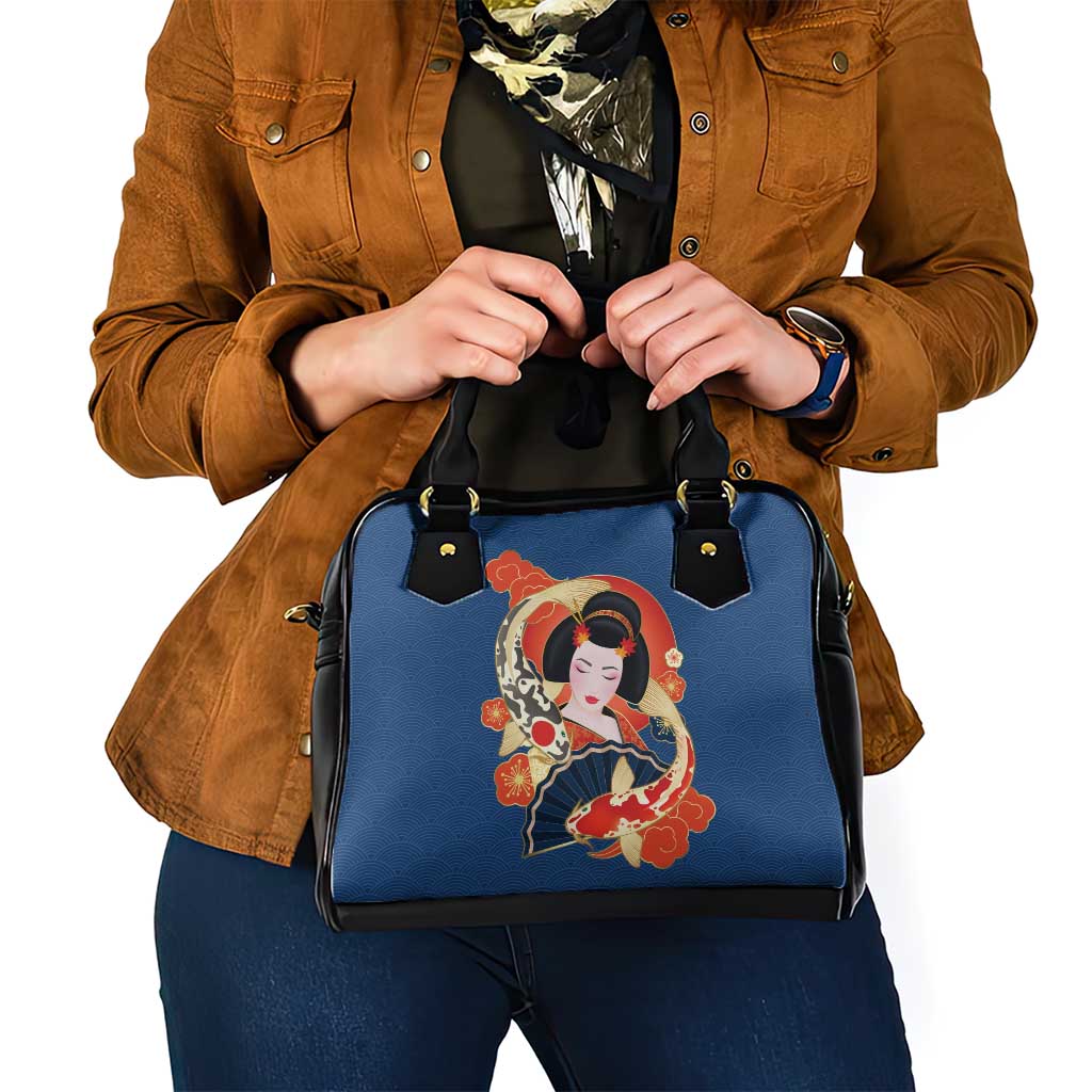 Japanese Geisha Koi Fish Shoulder Handbag Cherry Blossoms Blue Seigaiha Pattern - Polynesian Pride