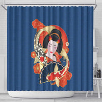 Japanese Geisha Koi Fish Shower Curtain Cherry Blossoms Blue Seigaiha Pattern - Polynesian Pride