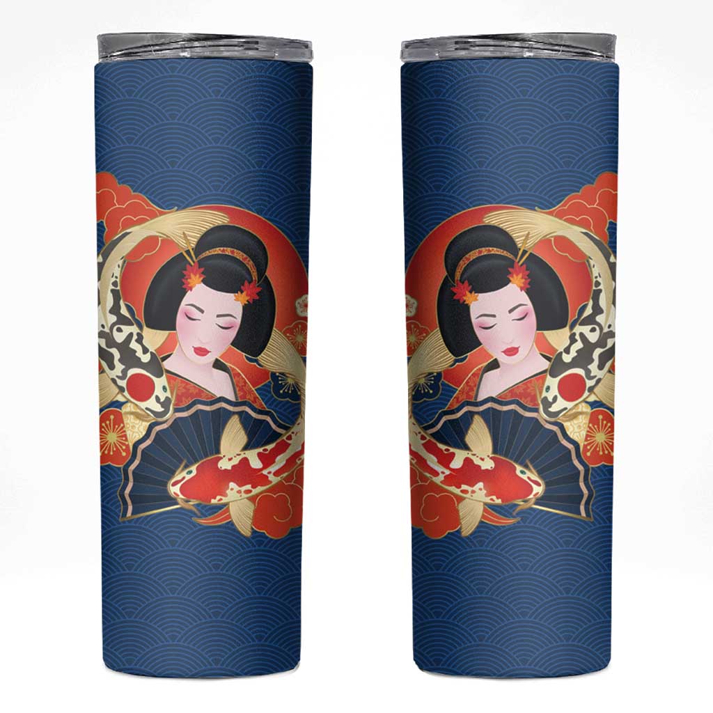 Japanese Geisha Koi Fish Skinny Tumbler Cherry Blossoms Blue Seigaiha Pattern - Polynesian Pride