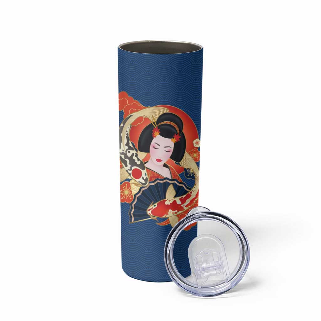 Japanese Geisha Koi Fish Skinny Tumbler Cherry Blossoms Blue Seigaiha Pattern - Polynesian Pride