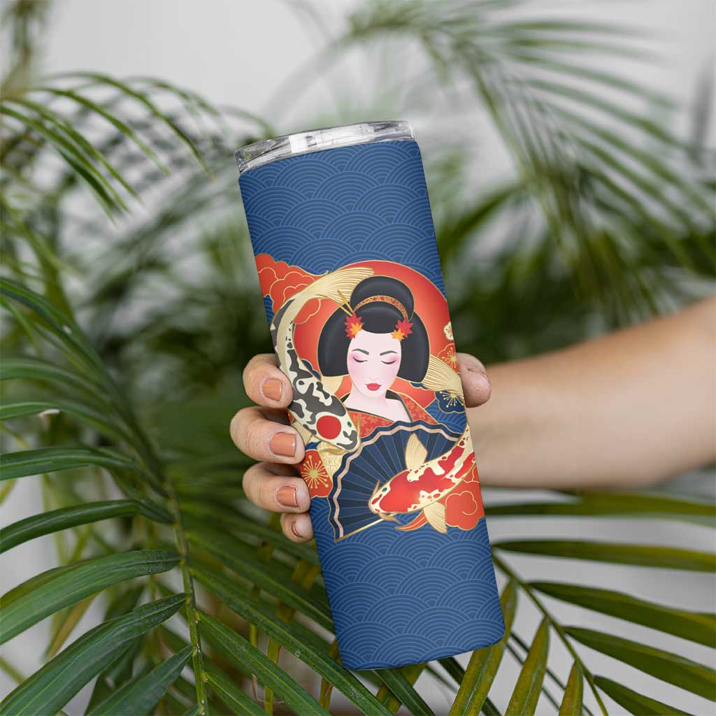 Japanese Geisha Koi Fish Skinny Tumbler Cherry Blossoms Blue Seigaiha Pattern - Polynesian Pride