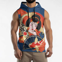 Japanese Geisha Koi Fish Sleeveless Hoodie Cherry Blossoms Blue Seigaiha Pattern - Polynesian Pride