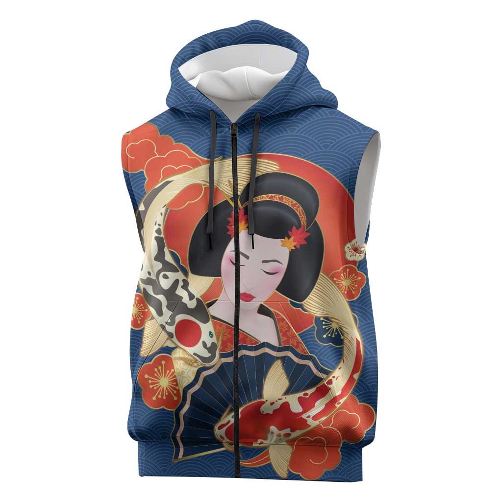 Japanese Geisha Koi Fish Sleeveless Zip Hoodie Cherry Blossoms Blue Seigaiha Pattern - Polynesian Pride