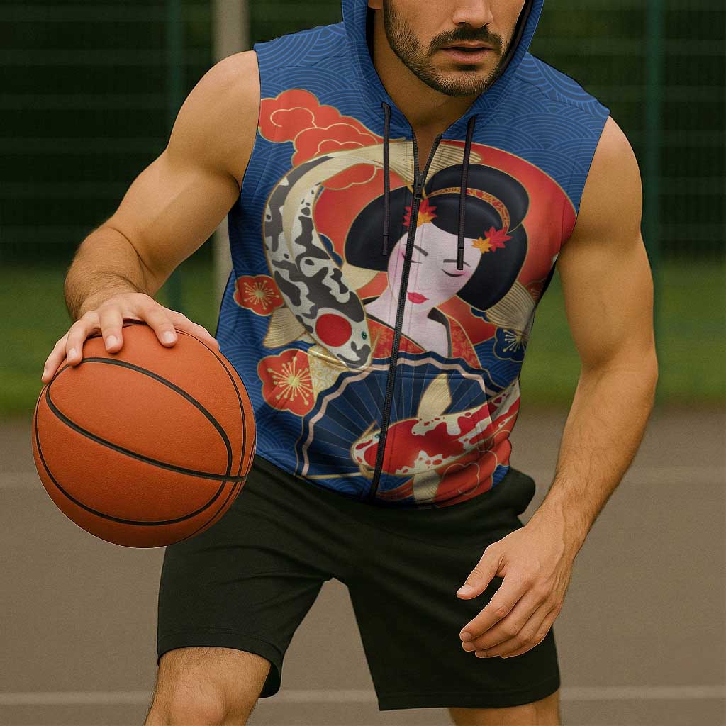 Japanese Geisha Koi Fish Sleeveless Zip Hoodie Cherry Blossoms Blue Seigaiha Pattern - Polynesian Pride