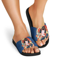 Japanese Geisha Koi Fish Slide Sandals Cherry Blossoms Blue Seigaiha Pattern - Polynesian Pride