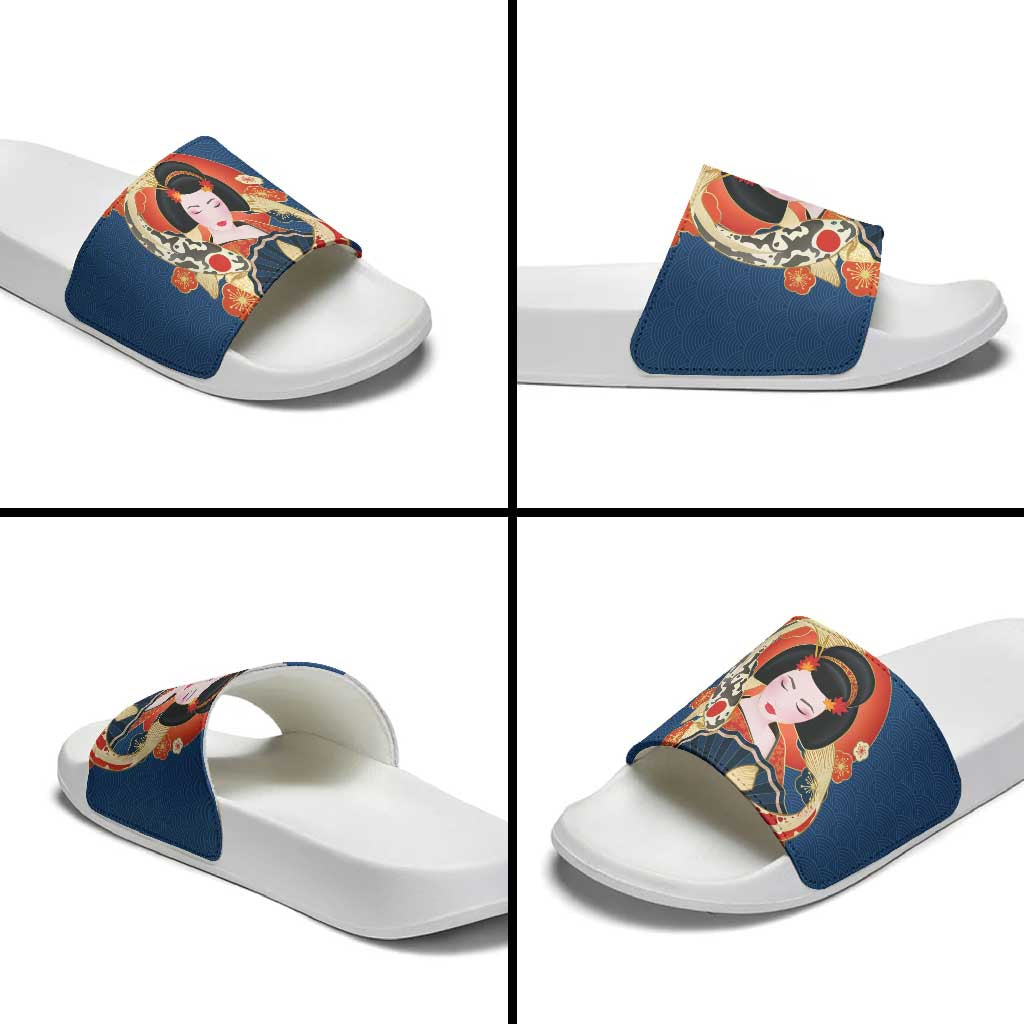 Japanese Geisha Koi Fish Slide Sandals Cherry Blossoms Blue Seigaiha Pattern - Polynesian Pride