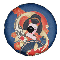 Japanese Geisha Koi Fish Spare Tire Cover Cherry Blossoms Blue Seigaiha Pattern - Polynesian Pride