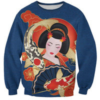 Japanese Geisha Koi Fish Sweatshirt Cherry Blossoms Blue Seigaiha Pattern - Polynesian Pride