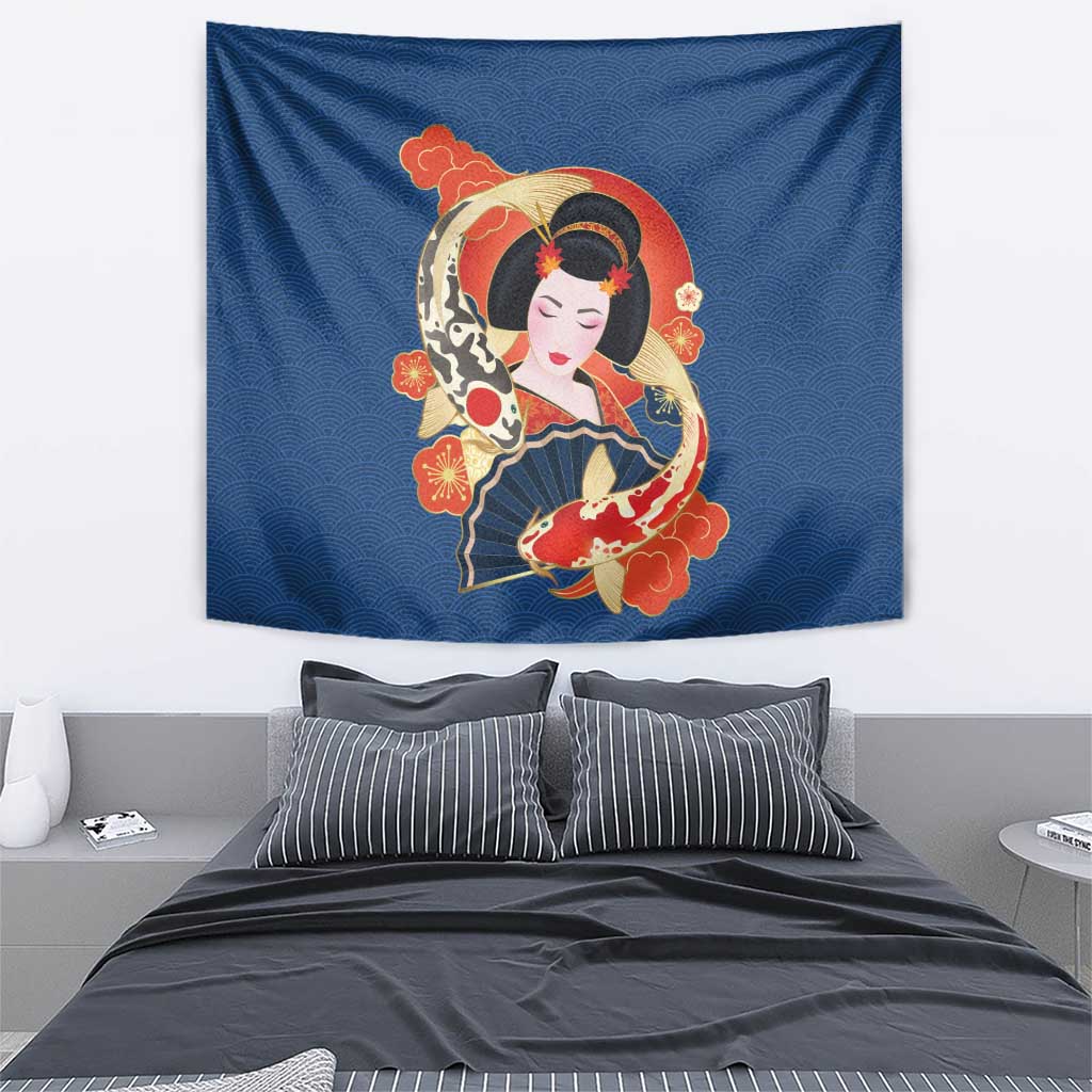 Japanese Geisha Koi Fish Tapestry Cherry Blossoms Blue Seigaiha Pattern - Polynesian Pride