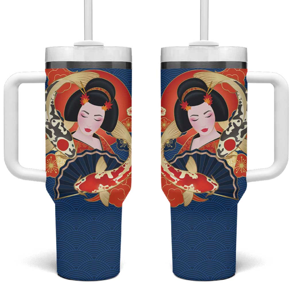 Japanese Geisha Koi Fish Tumbler With Handle Cherry Blossoms Blue Seigaiha Pattern LT14 One Size: 40 oz Blue - Polynesian Pride