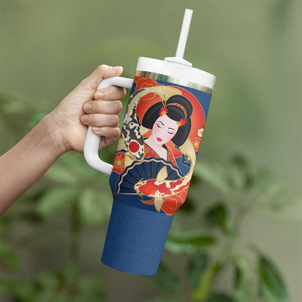 Japanese Geisha Koi Fish Tumbler With Handle Cherry Blossoms Blue Seigaiha Pattern LT14 - Polynesian Pride
