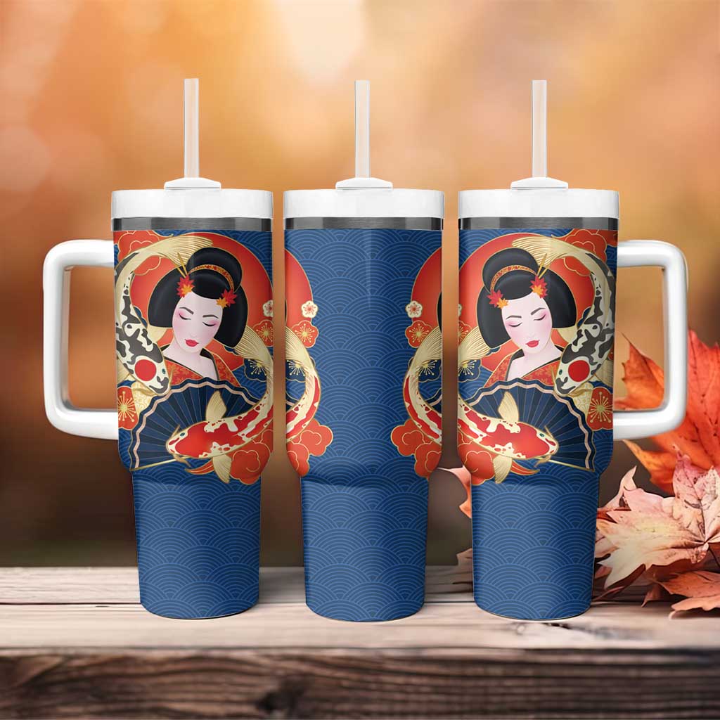 Japanese Geisha Koi Fish Tumbler With Handle Cherry Blossoms Blue Seigaiha Pattern LT14 - Polynesian Pride
