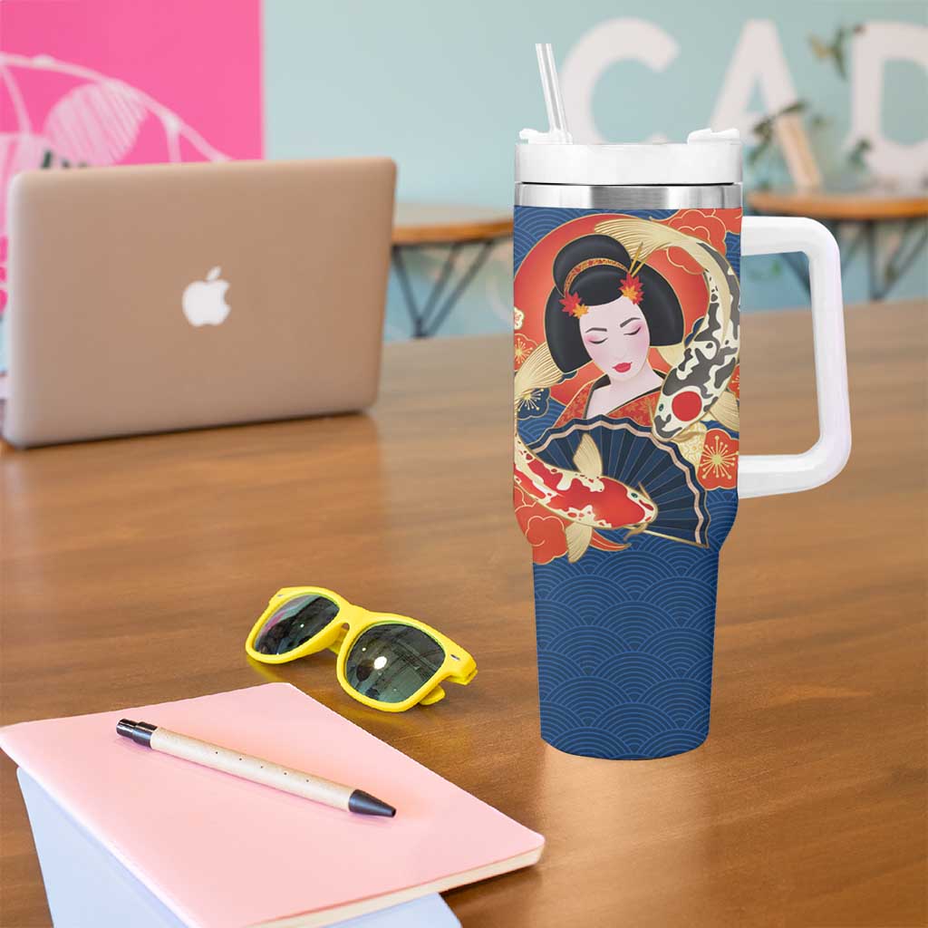 Japanese Geisha Koi Fish Tumbler With Handle Cherry Blossoms Blue Seigaiha Pattern LT14 - Polynesian Pride