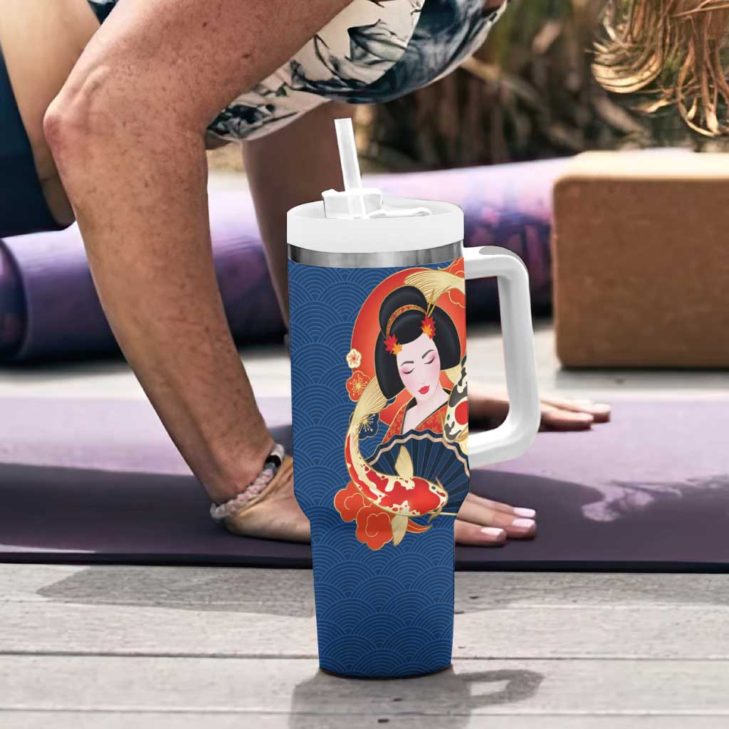 Japanese Geisha Koi Fish Tumbler With Handle Cherry Blossoms Blue Seigaiha Pattern LT14 - Polynesian Pride