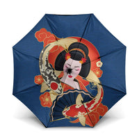 Japanese Geisha Koi Fish Umbrella Cherry Blossoms Blue Seigaiha Pattern - Polynesian Pride