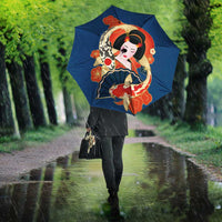 Japanese Geisha Koi Fish Umbrella Cherry Blossoms Blue Seigaiha Pattern - Polynesian Pride