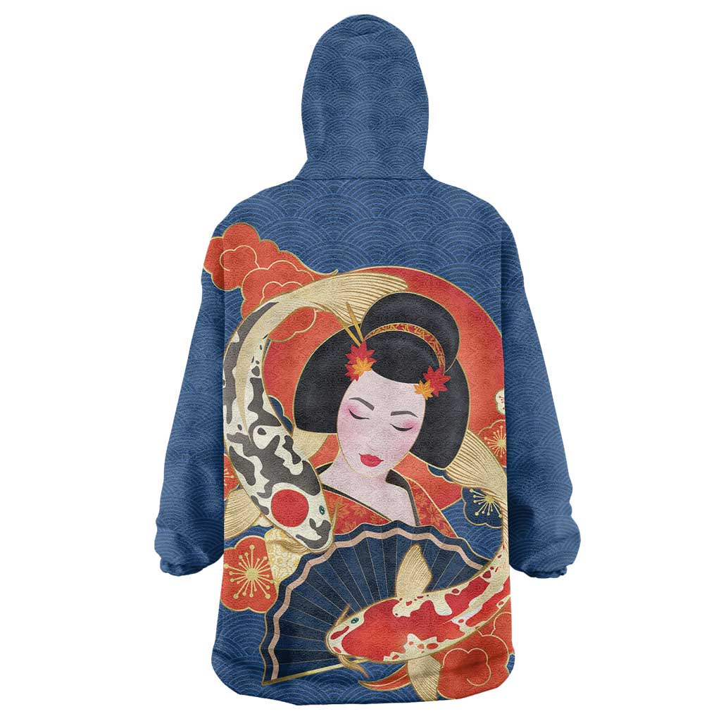 Japanese Geisha Koi Fish Wearable Blanket Hoodie Cherry Blossoms Blue Seigaiha Pattern - Polynesian Pride