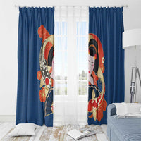 Japanese Geisha Koi Fish Window Curtain Cherry Blossoms Blue Seigaiha Pattern - Polynesian Pride