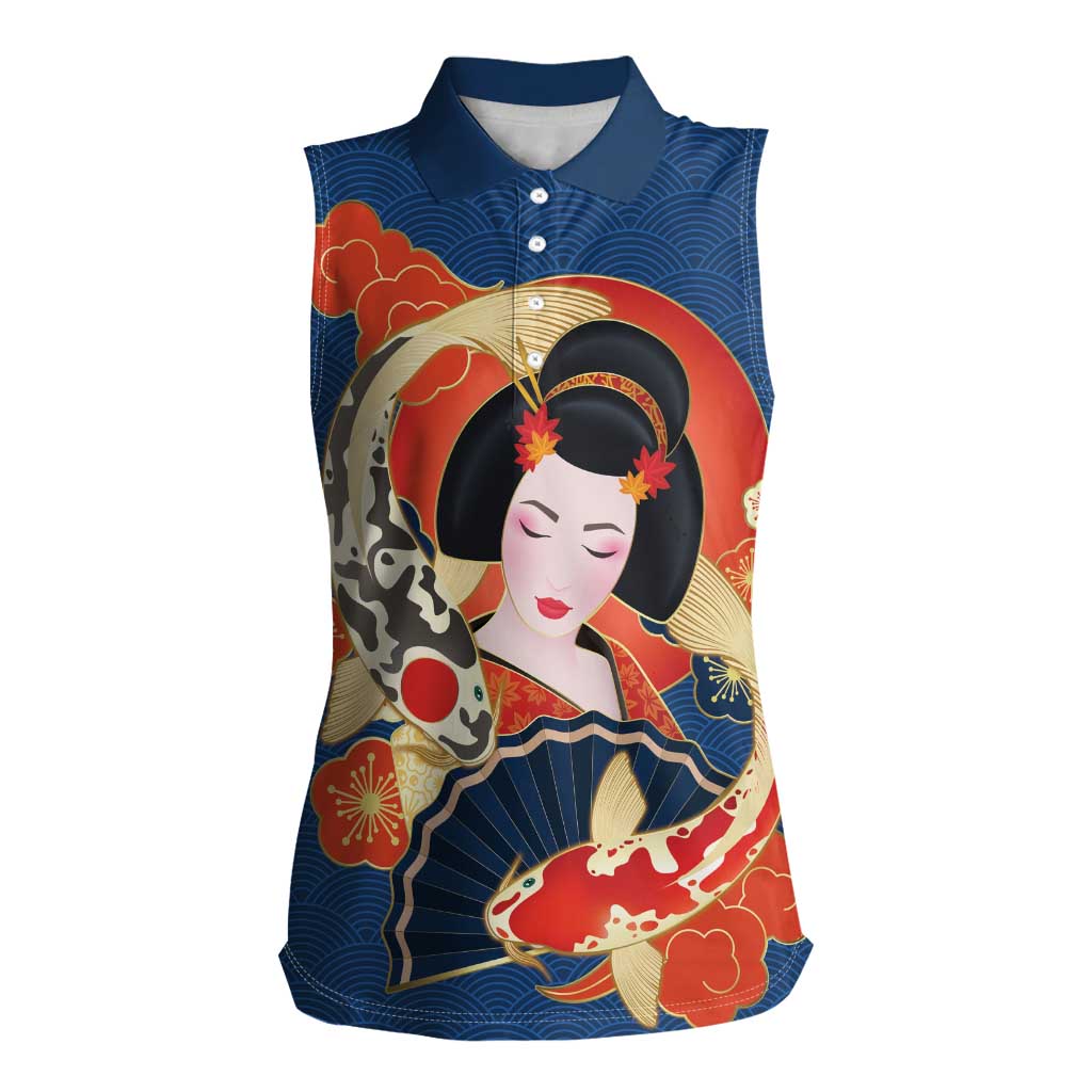 Japanese Geisha Koi Fish Women Sleeveless Polo Shirt Cherry Blossoms Blue Seigaiha Pattern LT14 Female Blue - Polynesian Pride