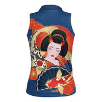 Japanese Geisha Koi Fish Women Sleeveless Polo Shirt Cherry Blossoms Blue Seigaiha Pattern - Polynesian Pride