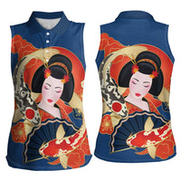 Japanese Geisha Koi Fish Women Sleeveless Polo Shirt Cherry Blossoms Blue Seigaiha Pattern - Polynesian Pride