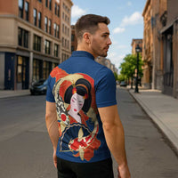 Japanese Geisha Koi Fish Zipper Polo Shirt Cherry Blossoms Blue Seigaiha Pattern - Polynesian Pride