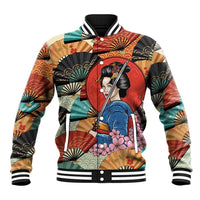 Japanese Geisha Katana Baseball Jacket Japan Sensu Seigaiha Pattern - Polynesian Pride