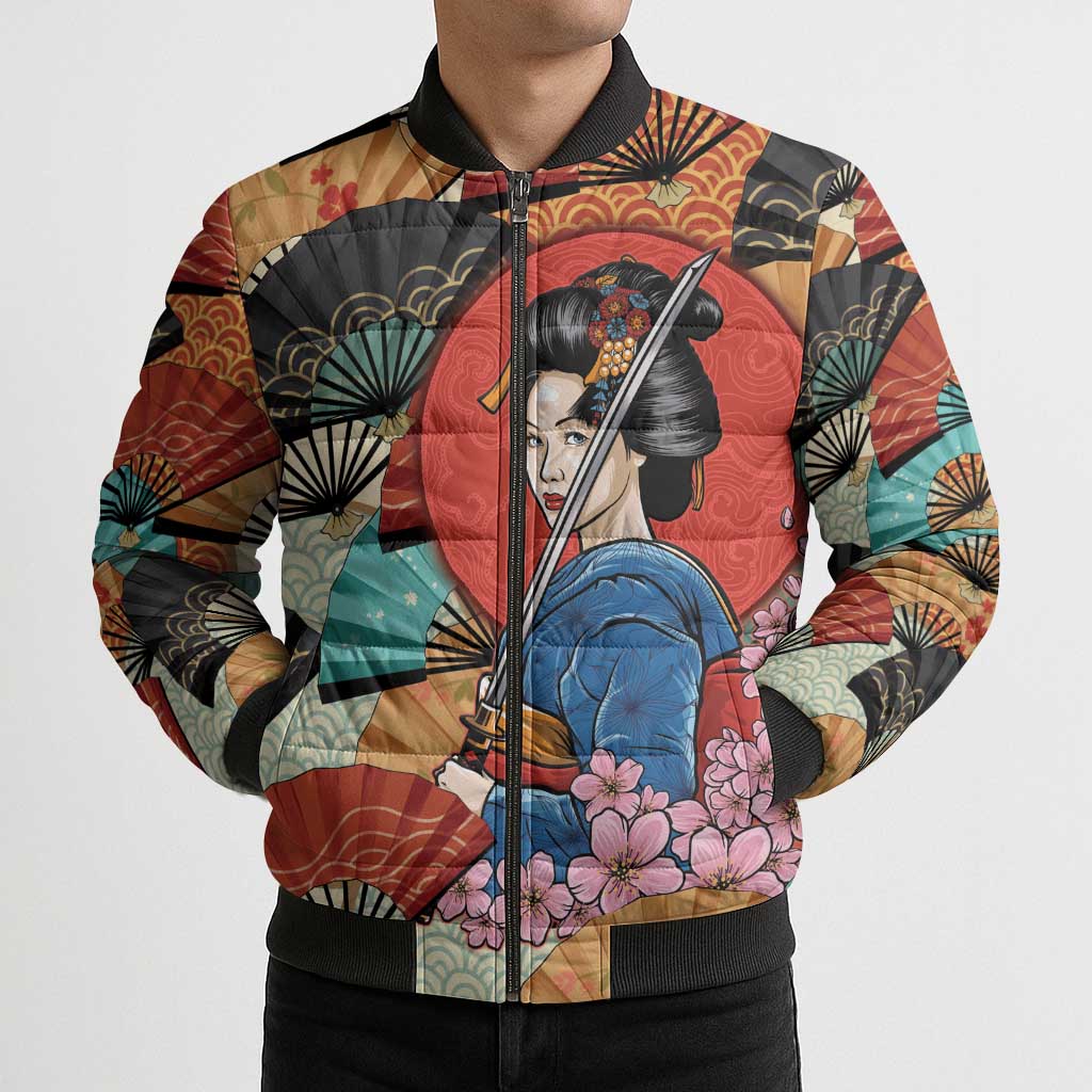 Japanese Geisha Katana Bomber Puffer Jacket Japan Sensu Seigaiha Pattern - Polynesian Pride