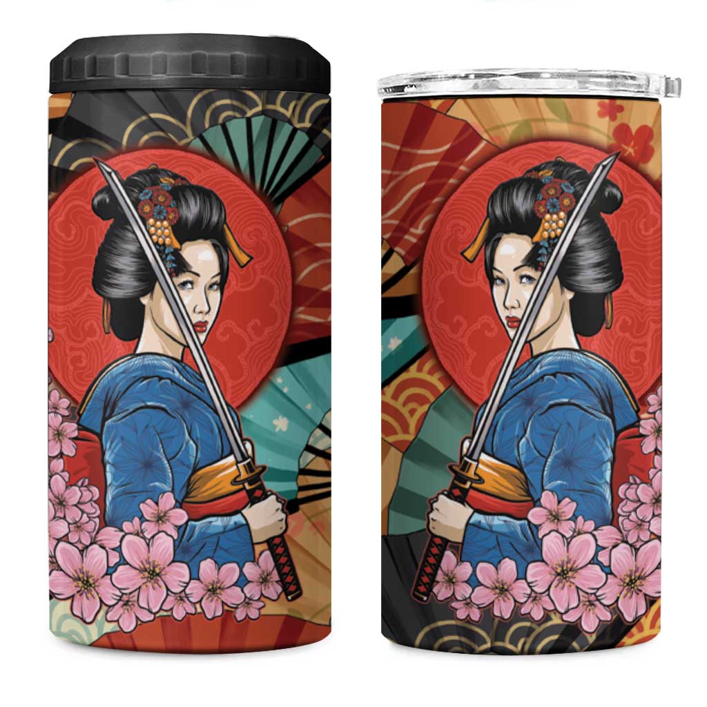 Japanese Geisha Katana 4 in 1 Can Cooler Tumbler Japan Sensu Seigaiha Pattern LT14 One Size: 16 oz Multicolor - Polynesian Pride