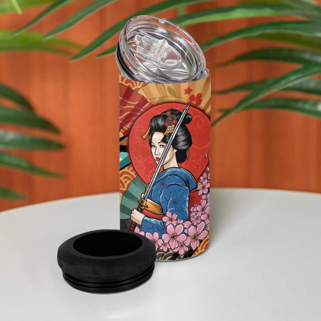 Japanese Geisha Katana 4 in 1 Can Cooler Tumbler Japan Sensu Seigaiha Pattern LT14 - Polynesian Pride