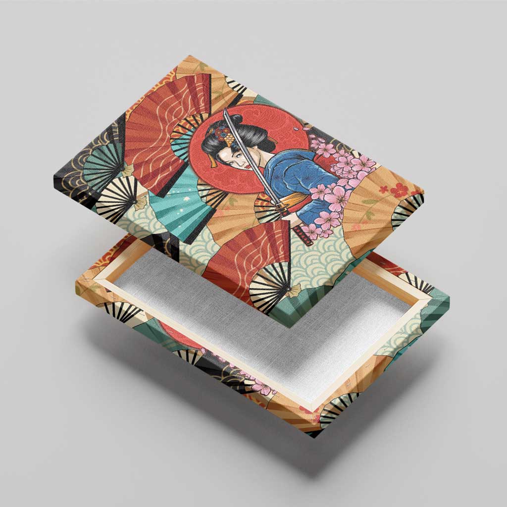 Japanese Geisha Katana Canvas Wall Art Japan Sensu Seigaiha Pattern - Polynesian Pride