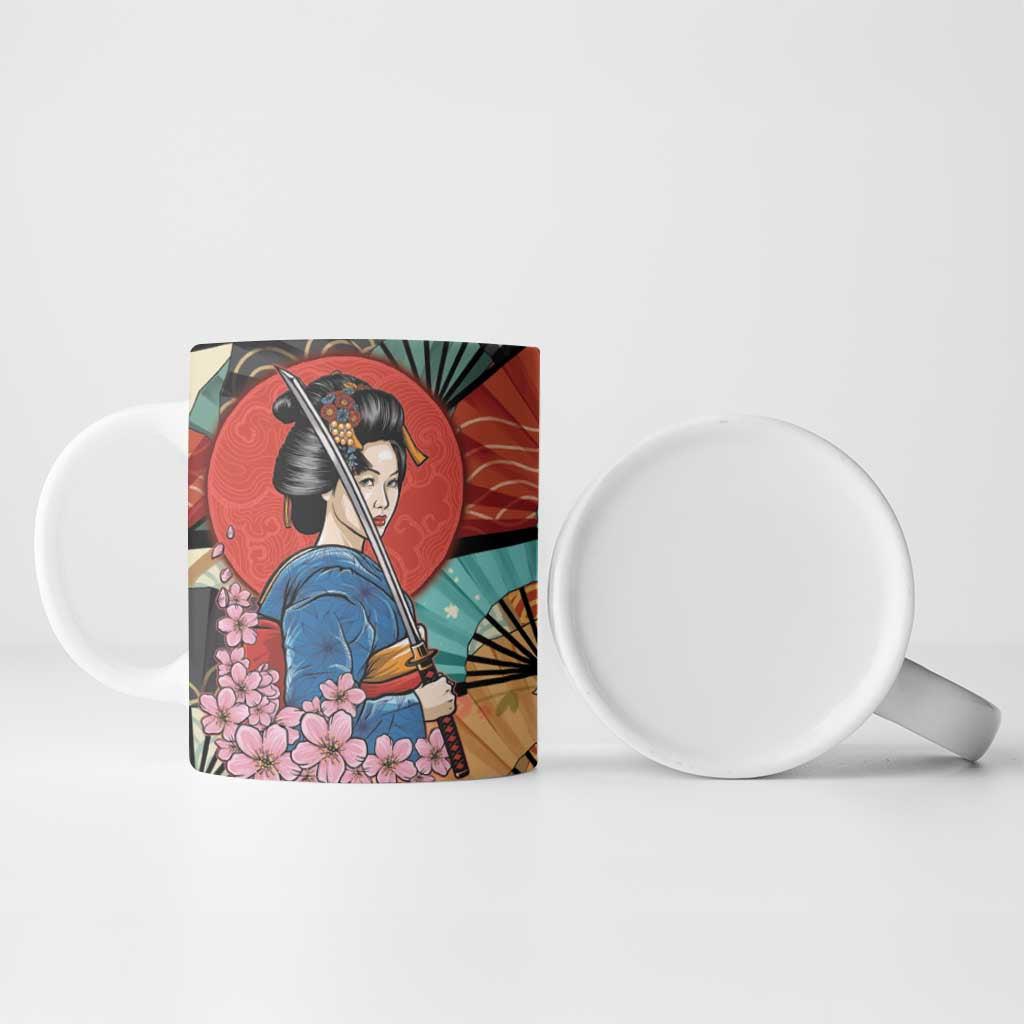 Japanese Geisha Katana Ceramic Mug Japan Sensu Seigaiha Pattern - Polynesian Pride