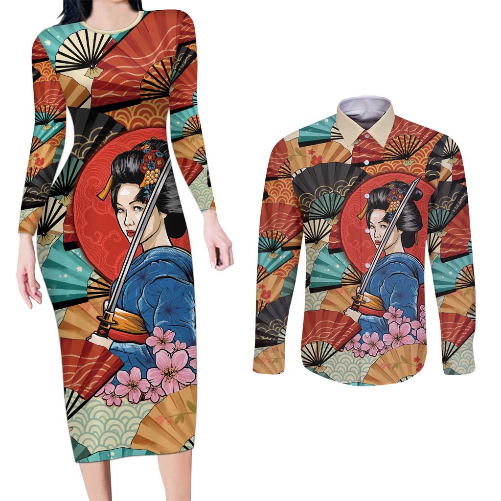 Japanese Geisha Katana Couples Matching Long Sleeve Bodycon Dress and Long Sleeve Button Shirt Japan Sensu Seigaiha Pattern LT14 Multicolor - Polynesian Pride