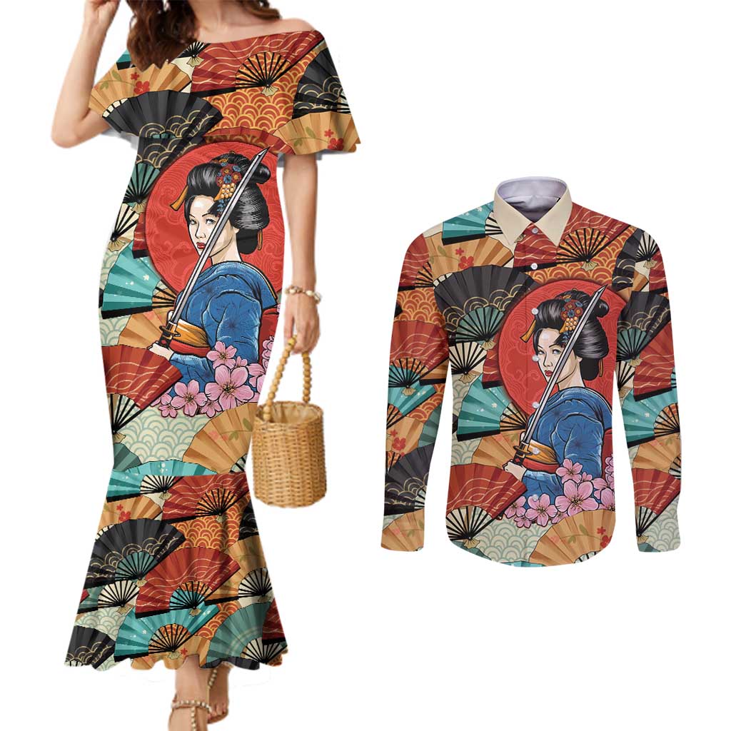 Japanese Geisha Katana Couples Matching Mermaid Dress and Long Sleeve Button Shirt Japan Sensu Seigaiha Pattern LT14 Multicolor - Polynesian Pride