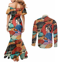Japanese Geisha Katana Couples Matching Mermaid Dress and Long Sleeve Button Shirt Japan Sensu Seigaiha Pattern LT14 - Polynesian Pride