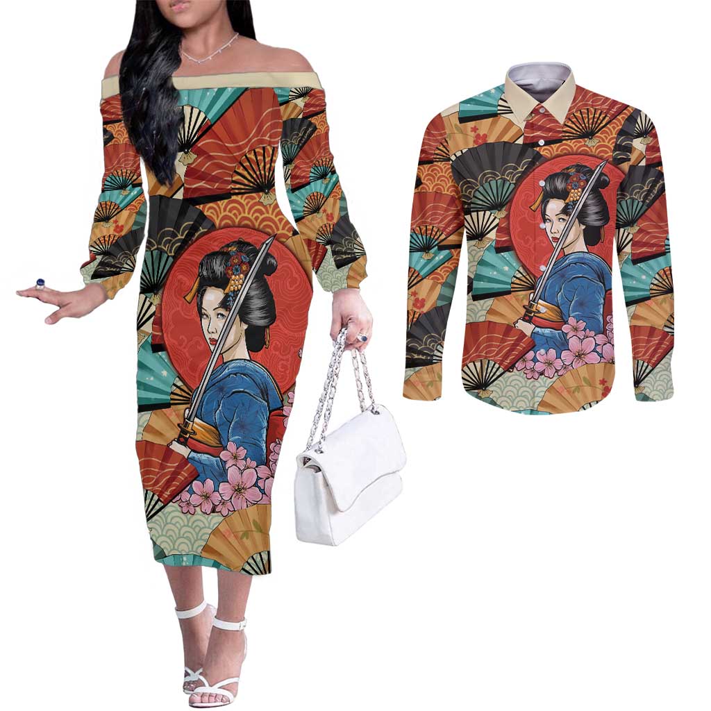 Japanese Geisha Katana Couples Matching Off The Shoulder Long Sleeve Dress and Long Sleeve Button Shirt Japan Sensu Seigaiha Pattern LT14 Multicolor - Polynesian Pride