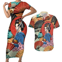 Japanese Geisha Katana Couples Matching Short Sleeve Bodycon Dress and Hawaiian Shirt Japan Sensu Seigaiha Pattern LT14 Multicolor - Polynesian Pride