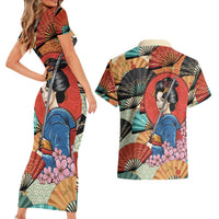 Japanese Geisha Katana Couples Matching Short Sleeve Bodycon Dress and Hawaiian Shirt Japan Sensu Seigaiha Pattern LT14 - Polynesian Pride