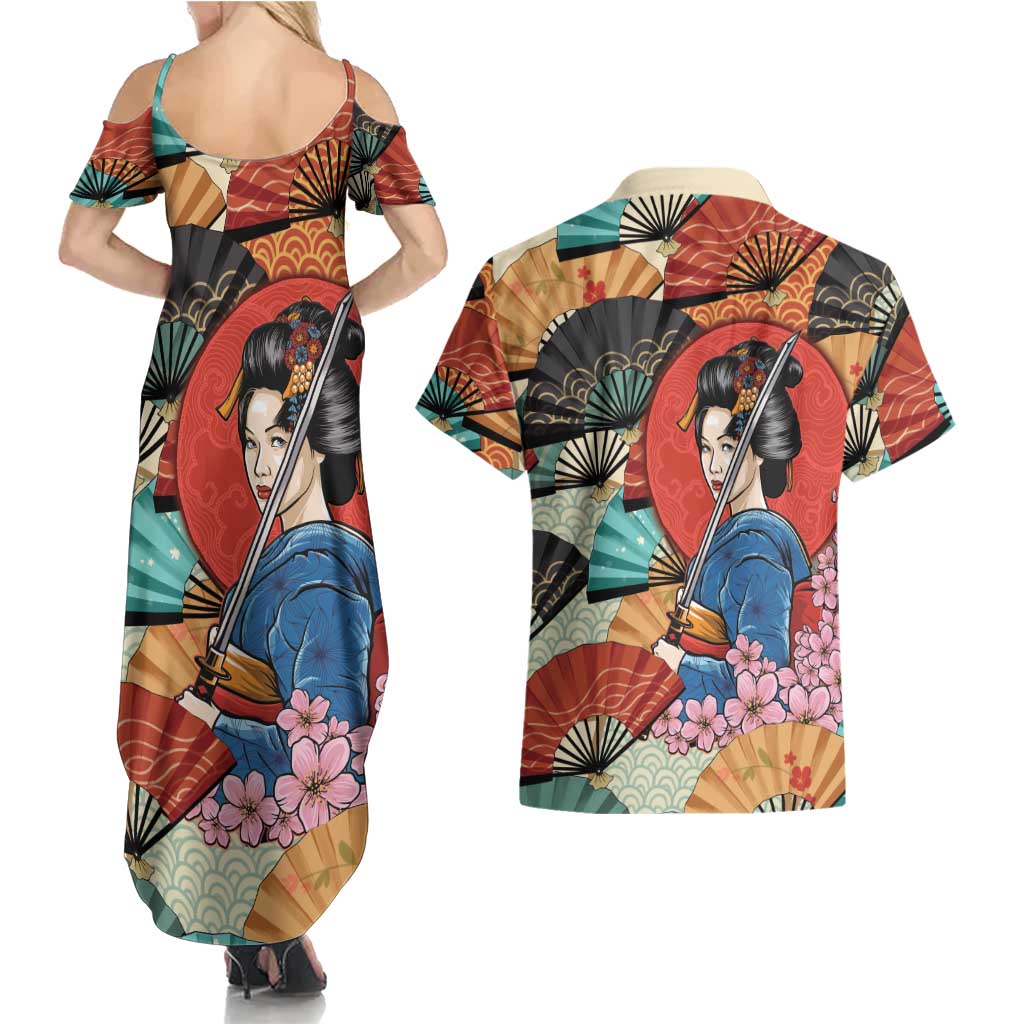 Japanese Geisha Katana Couples Matching Summer Maxi Dress and Hawaiian Shirt Japan Sensu Seigaiha Pattern LT14 - Polynesian Pride