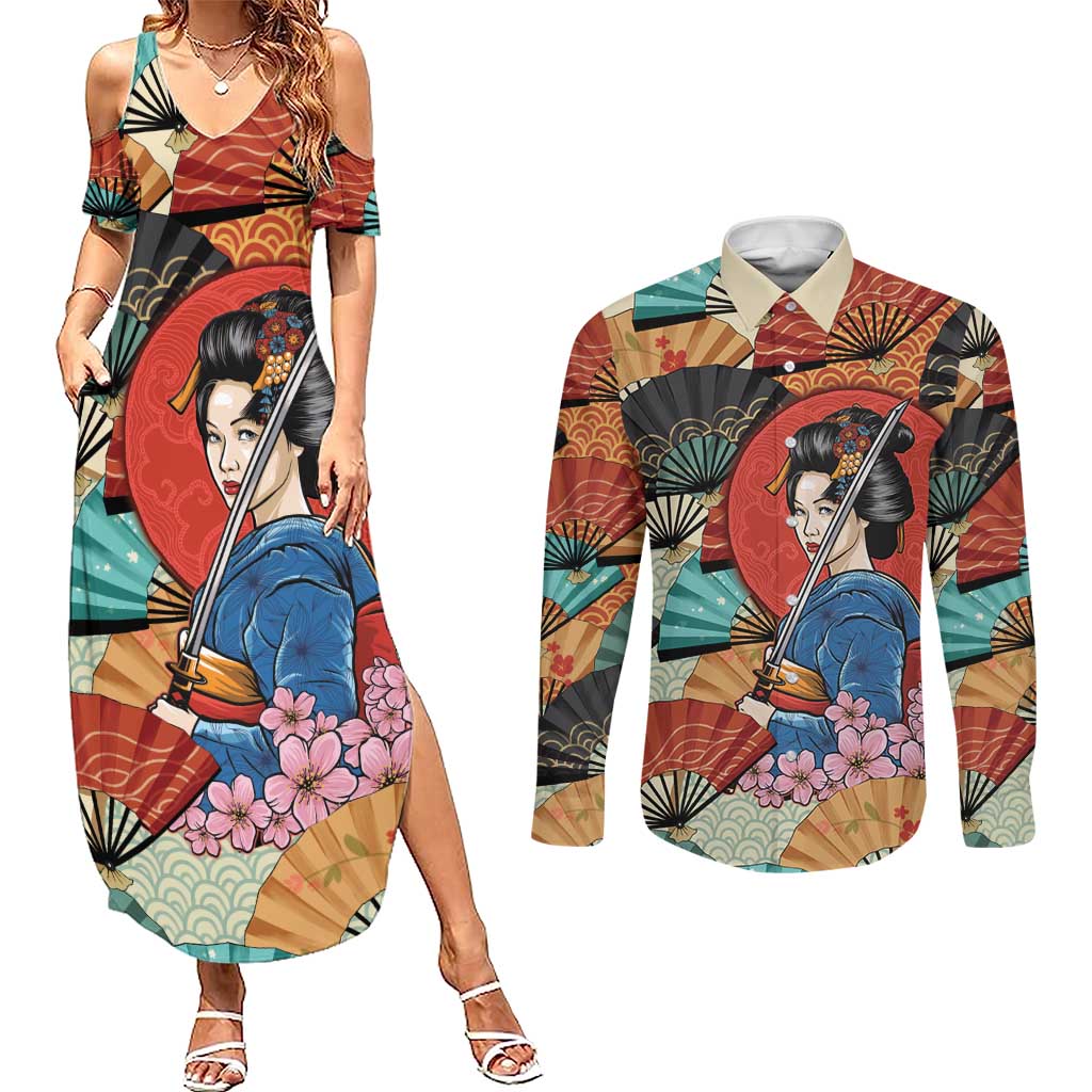 Japanese Geisha Katana Couples Matching Summer Maxi Dress and Long Sleeve Button Shirt Japan Sensu Seigaiha Pattern LT14 Multicolor - Polynesian Pride
