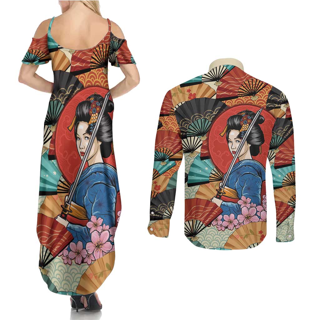 Japanese Geisha Katana Couples Matching Summer Maxi Dress and Long Sleeve Button Shirt Japan Sensu Seigaiha Pattern LT14 - Polynesian Pride
