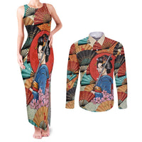 Japanese Geisha Katana Couples Matching Tank Maxi Dress and Long Sleeve Button Shirt Japan Sensu Seigaiha Pattern LT14 Multicolor - Polynesian Pride