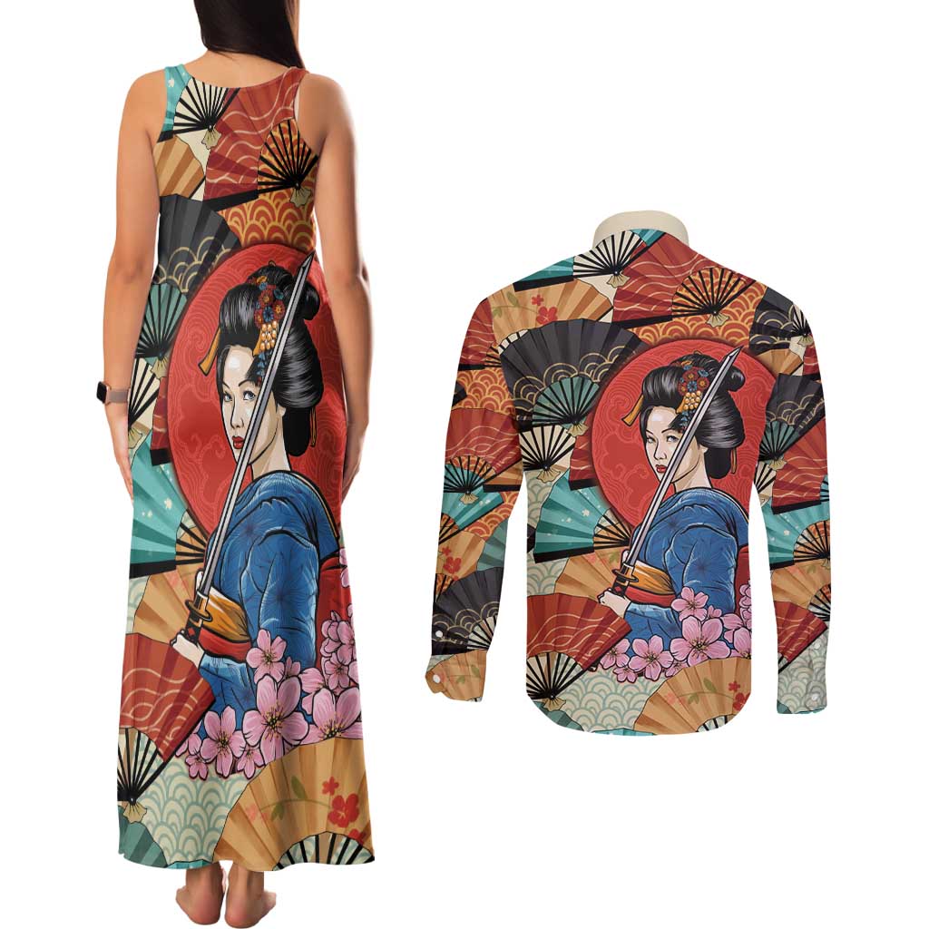 Japanese Geisha Katana Couples Matching Tank Maxi Dress and Long Sleeve Button Shirt Japan Sensu Seigaiha Pattern LT14 - Polynesian Pride