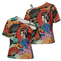 Japanese Geisha Katana Cross Shoulder Shirt Japan Sensu Seigaiha Pattern - Polynesian Pride